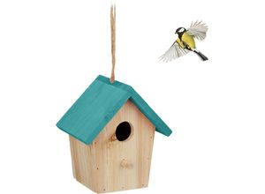 4052025459253 - Relaxdays - Deko Vogelhaus Holz Vogelhäuschen zum Aufhängen hbt 16 x 15 x 11 cm Vogelvilla Garten Balkon natur blau