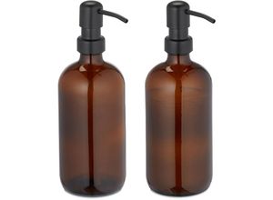 4052025460662 - Glas Seifenspender 2er Set Edelstahl-Pumpkopf nachfüllbar Bad Küche Flüssigseifenspender 500 ml braun - Relaxdays