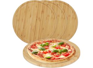 4052025463021 - Pizzateller 4er Set Bambus ø 32 cm Servierbrett für Pizza Flammkuchen Käse rundes Pizzabrett natur - Relaxdays