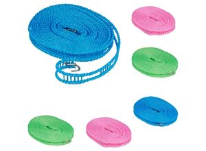 4052025466862 - Wäscheleine 6er Set 5 m rutschfeste flexible Reisewäscheleine mit Haken Camping Zubehör blau  rosa  grün - Relaxdays