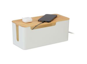 4052025468309 - Relaxdays - Kabelbox für 2 Steckdosenleisten Bambusdeckel Kunststoff hbt 13 x 31 x 14 cm Kabel verstecken weiß natur