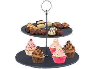 4052025469122 - Etagere 2 Etagen Schiefer Kuchen Snacks Obst Metallgriff Servierständer HxD 23x25 cm anthrazit silber - Relaxdays