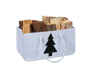 4052025470098 - Kaminholztasche aus Filz 28l Volumen Filztasche Tannenbaum-Motiv für Kaminholz Holzkorb hellgrau schwarz - Relaxdays