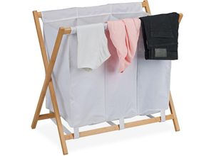 4052025470333 - Wäschekorb 3 Fächer mit je 38 l klappbarer Wäschesammler Bambusgestell HxBxT 71 x 74 x 42 cm weiß natur - Relaxdays