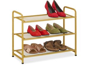 4052025472030 - Relaxdays Schuhregal 6 Paar Schuhe HxBxT 48x60x25 cm Metall Schuhablage schmal 3 Ablagen Flur Schuhgestell gold