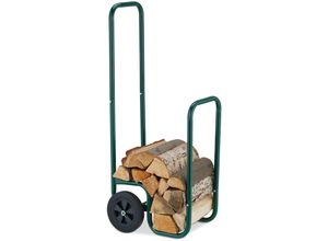 4052025473181 - Kaminholzwagen 2 Gummireifen Holzwagen bis 60 kg für gängige Holzscheite Brennholz-Sackkarre Stahl grün - Relaxdays