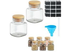 4052025474430 - Gewürzgläser 8er Set Gewürzdosen 100 ml inkl Etiketten Stift & Trichter Glas & Bambus transparent natur - Relaxdays