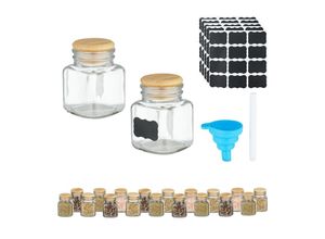 4052025474478 - Relaxdays Gewürzgläser 20er Set eckig Gewürzdosen Glas 100 ml mit Etiketten Stift & Trichter transparent natur