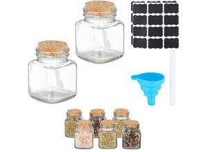 4052025474591 - Gewürzgläser 8er Set eckig Gewürzdosen Glas & Kork 100 ml Etiketten Stift & Trichter transparent natur - Relaxdays