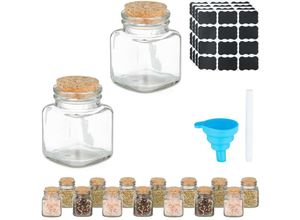 4052025474638 - Gewürzgläser 16er Set Gewürzdosen Glas 100 ml inkl Etiketten & Trichter Korkdeckel transparent natur - Relaxdays