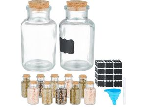 4052025474669 - Gewürzgläser 12er Set Korkdeckel Gewürzdosen Glas 150 ml inkl Etiketten Stift & Trichter transparent - Relaxdays