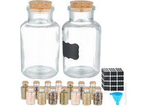 4052025474683 - Gewürzgläser 16er Set Korkdeckel Gewürzdosen Glas 150 ml inkl Etiketten Stift & Trichter transparent - Relaxdays