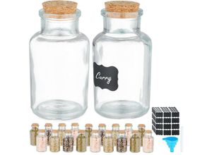 4052025474690 - Gewürzgläser 20er Set Korkdeckel Gewürzdosen Glas 150 ml inkl Etiketten Stift & Trichter transparent - Relaxdays