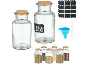 4052025474706 - Relaxdays - Gewürzgläser 8er Set Korkdeckel Gewürzdosen Glas 250 ml inkl Etiketten Stift & Trichter transparent