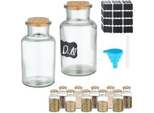 4052025474713 - Gewürzgläser 12er Set Korkdeckel Gewürzdosen Glas 250 ml inkl Etiketten Stift & Trichter transparent - Relaxdays