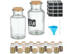 4052025474737 - Gewürzgläser 16er Set Korkdeckel Gewürzdosen Glas 250 ml inkl Etiketten Stift & Trichter transparent - Relaxdays