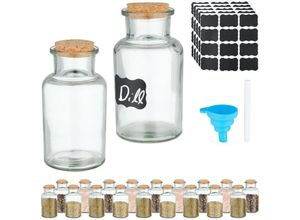 4052025474744 - Gewürzgläser 20er Set Korkdeckel Gewürzdosen Glas 250 ml inkl Etiketten Stift & Trichter transparent - Relaxdays