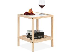 4052025476038 - Beistelltisch Wohnzimmertisch mit Glasplatte Holz HxBxT 50 x 40 x 40 cm quadratischer Ablagetisch natur - Relaxdays