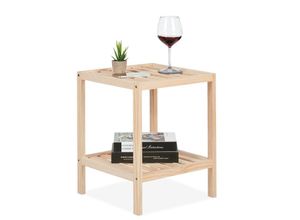 4052025476045 - Beistelltisch Holz HxBxT 50 x 40 x 40 cm Wohnzimmertisch mit 2 Ablagen quadratischer Ablagetisch natur - Relaxdays