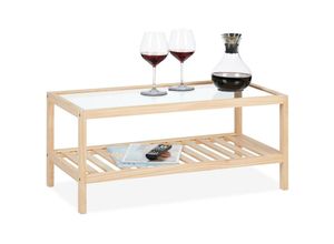 4052025476052 - Couchtisch Wohnzimmertisch mit Glasplatte Holz hbt 35 x 80 x 40 cm rechteckiger Sofatisch 2 Etagen natur - Relaxdays