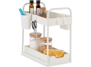 4052025476311 - Relaxdays - Unter Waschbecken Regal 2 Etagen ausziehbar 4 Haken & 2 Becher Putzmittel Organizer für Küche & Bad weiß