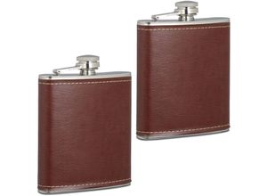 4052025477011 - Flachmann 2er Set 200 ml Edelstahl Schnapsbehälter mit Kunstleder Hülle kleine Taschenflasche braun silber - Relaxdays