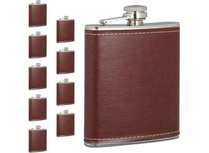 4052025477035 - Relaxdays Flachmann 10er Set 200 ml kleiner Edelstahl Flachmann mit Kunstleder Hülle Taschenflasche braun silber