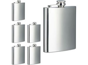 4052025477059 - Flachmann 6er Set 200 ml Edelstahl Schnapsbehälter für unterwegs Taschenflasche Schraubverschluss silber - Relaxdays