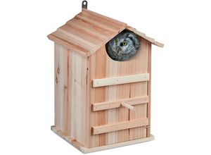 4052025477110 - Relaxdays - Eulen Nistkasten Tannenholz Einflugloch h x b 95 x 95 cm aufklappbar Vogelhaus zum Aufhängen natur