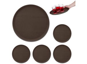 4052025478162 - 5 x Serviertablett rund Ø 35 cm Bartablett mit Rand rutschfeste Oberfläche Kellnertablett Gastronomie braun