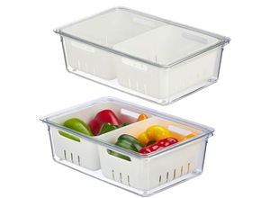 4052025479145 - Kühlschrank Organizer 2er Set stapelbar 2 Abtropfkörbe Lebensmittel Organizer mit Deckel transparent weiß - Relaxdays