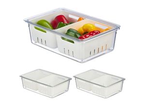 4052025479152 - Kühlschrank Organizer 3er Set stapelbar 2 Abtropfkörbe Lebensmittel Organizer mit Deckel transparent weiß - Relaxdays