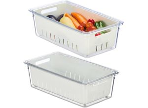 4052025479169 - Kühlschrank Organizer 2er Set stapelbar Abtropfkorb Lebensmittel Organizer mit Deckel transparent weiß - Relaxdays