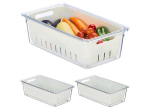 4052025479176 - Kühlschrank Organizer 3er Set stapelbar Abtropfkorb Lebensmittel Organizer mit Deckel transparent weiß - Relaxdays