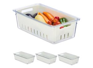 4052025479183 - Kühlschrank Organizer 4er Set stapelbar Abtropfkorb Lebensmittel Organizer mit Deckel transparent weiß - Relaxdays