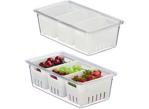 4052025479190 - Relaxdays - Kühlschrank Organizer 2er Set stapelbar 3 Abtropfkörbe Lebensmittel Organizer mit Deckel transparent weiß