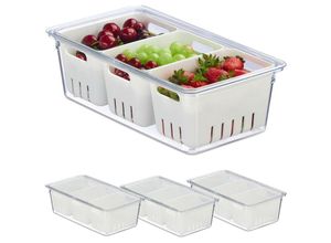 4052025479213 - Kühlschrank Organizer 4er Set stapelbar 3 Abtropfkörbe Lebensmittel Organizer mit Deckel transparent weiß - Relaxdays