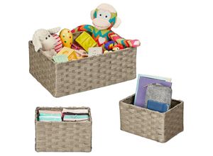 4052025479497 - Relaxdays - Aufbewahrungskorb geflochten 3er Set 2 Größen Badezimmerkorb Schrank & Regal Papierseil Dekokörbe grau