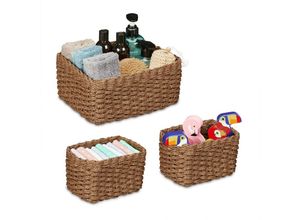 4052025479503 - Relaxdays - Aufbewahrungskorb geflochten 3er Set 2 Größen Badezimmerkorb Schrank & Regal Papierseil Dekokörbe braun