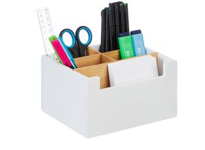 4052025479831 - Relaxdays - Schreibtisch Organizer Bambus 5 Fächer für Bürobedarf & Kosmetik Stiftehalter hbt 95 x 18 x 15 cm weiß