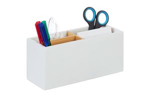 4052025479848 - Relaxdays - Schreibtisch Organizer Bambus 4 Fächer für Bürobedarf & Kosmetika Stiftehalter hbt 8 x 21 x 9 cm weiß