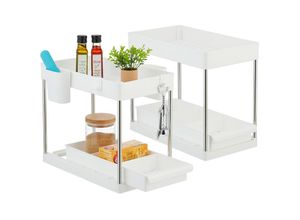 4052025480172 - Unter Waschbecken Regal 2er Set je 2 Etagen ausziehbar je 4 Haken & 2 Becher HxBxT 33 x 22 x 40 cm weiß - Relaxdays