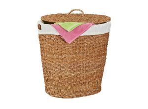 4052025481452 - Wäschekorb mit Deckel aus Seegras Baumwoll-Wäschesack 50L hbt 50 x 50 x 40 cm Wäschebehälter natur beige - Relaxdays