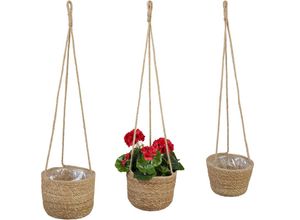 4052025481490 - Relaxdays Seegras Blumenampel 3er Set hängend Blumen & Hängepflanzen Hängekorb mit Folie 3 Größen Pflanzkorb natur