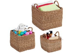 4052025481513 - Aufbewahrungskorb 3er Set Seegras Flechtkorb quadratisch Bad Organizer 3 versch Größen Regalkorb natur - Relaxdays