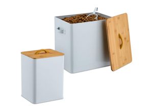 4052025482220 - Futterbox 2er Set 2 Größen mit Deckel & Löffel Bambus Eisen Aufbewahrungsbox Trockenfutter weiß natur - Relaxdays