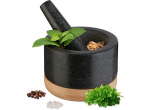 4052025483517 - Mörser mit Stößel Holzuntersetzer Granit HxD 85 x 14 cm Steinmörser Gewürze & Kräuter schwarz natur - Relaxdays