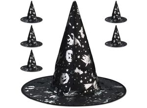 4052025483562 - Hexenhut 6er Set glänzende Motive Kostümhut Halloween & Fasching Hexenkostüm Accessoire schwarz silber - Relaxdays