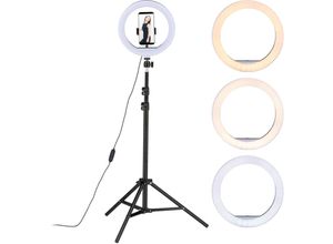 4052025485139 - Led Ringlicht mit Stativ 10 Ringleuchte dimmbar Make-up Fotografie & Videos Lichtring Handy weiß schwarz - Relaxdays