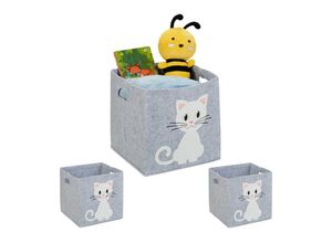 4052025487089 - Relaxdays - 3 x Aufbewahrungskorb Filz Katzenmotiv Filzkorb für Kinder faltbar h x b x t 33 x 34 x 32 cm Spielzeugkorb grau